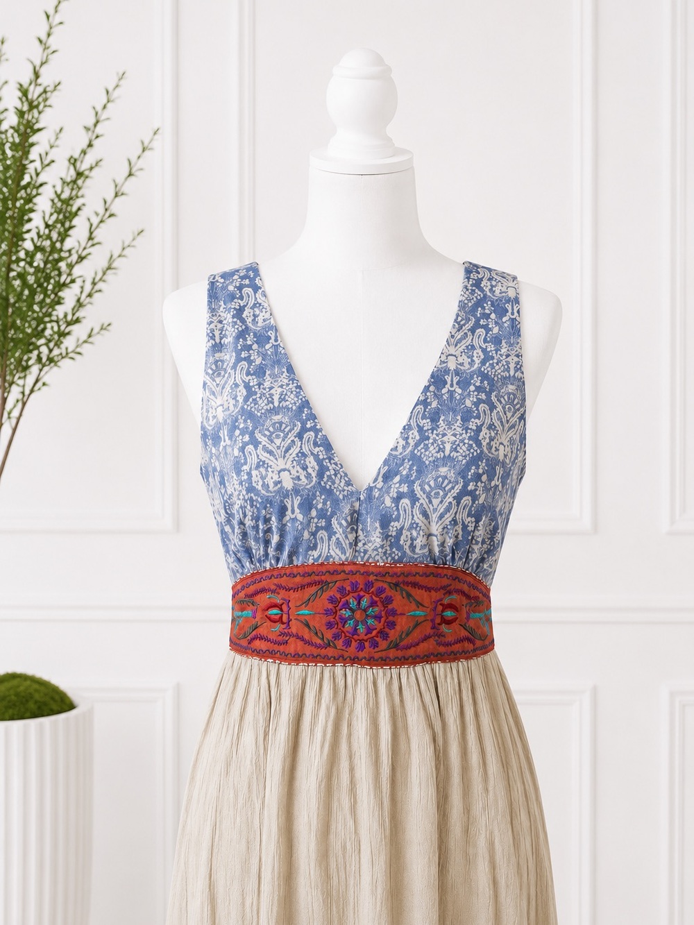 Flying Tomato Blue & Cream Boho Maxi Dress with Red Embroidered Waist - Picture 3 of 6